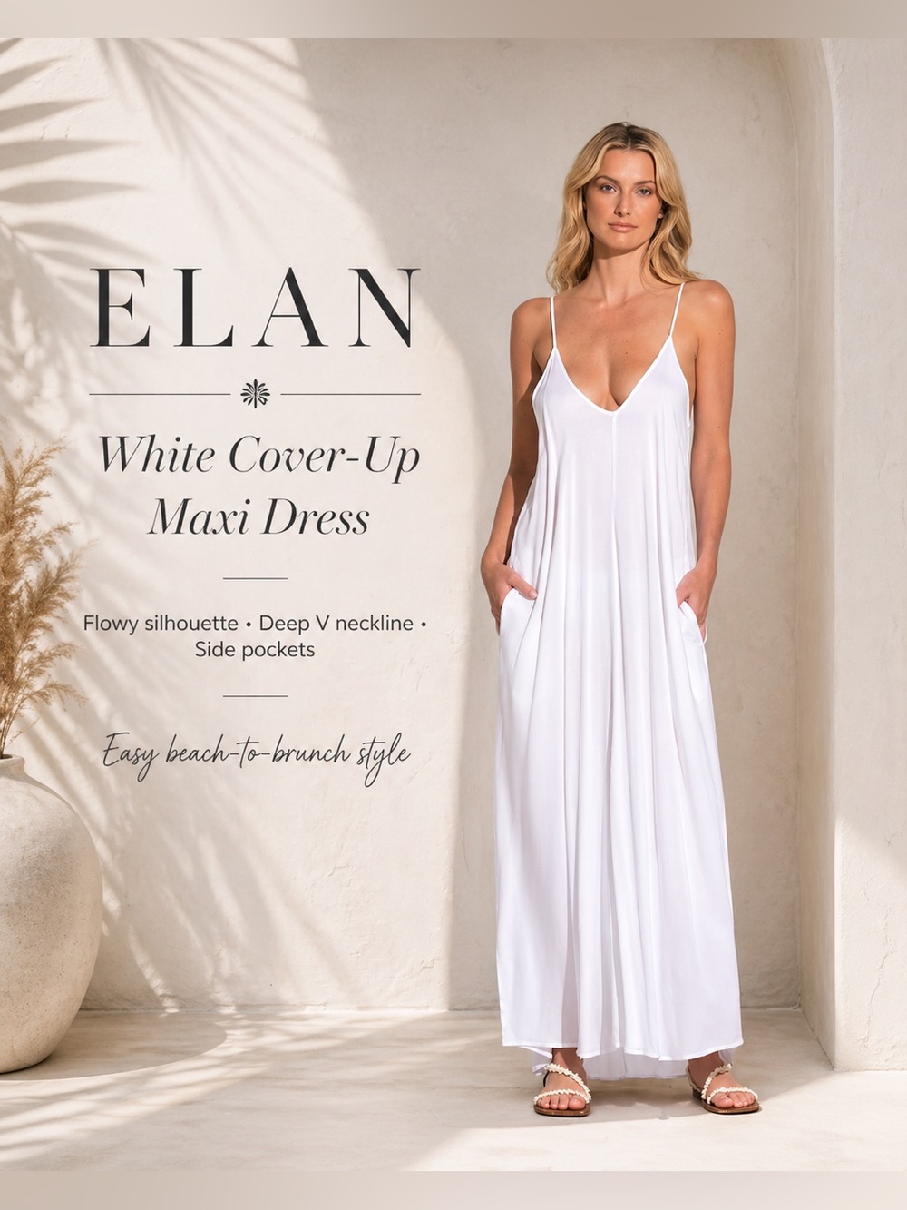 SOLD:Elan White Flowing V-Neck Maxi Cover-Up Dress